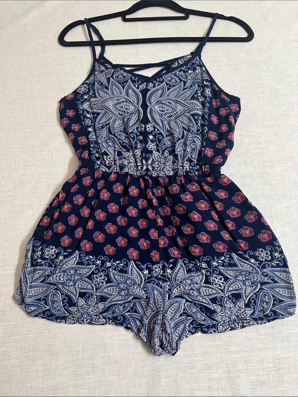 🌞 Angie Y2k Navy Blue Paisley & Floral Strappy Romper w/pockets women size S